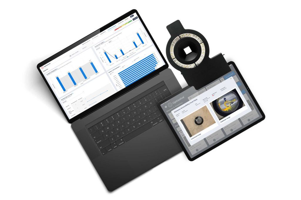 Optisolve Pathfinder and Halo on a tablet, next to Optisolve SAVI software on a laptop.