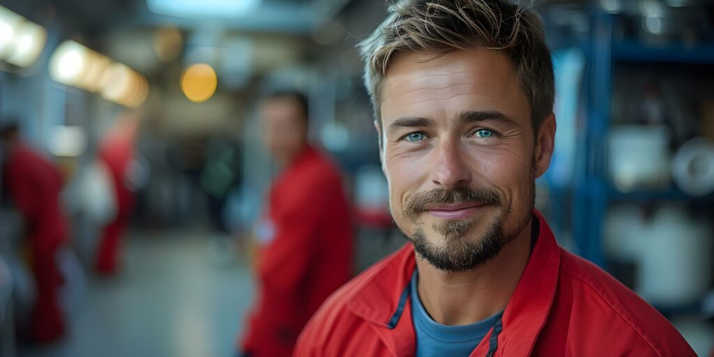 Man in cleaning service uniform smiles with colleagues in background showing professional cleaning team at work. Concept Cleaning Service, Professional Team, Smiling Colleagues, Work Environment