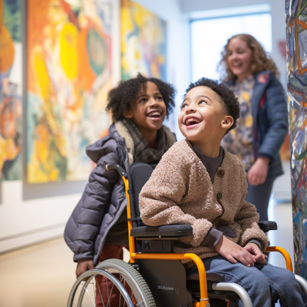 Three happy children, one in a wheelchair, enjoy an art gallery visit, smiling at the colorful artwork around them. A woman, possibly a caregiver, stands behind them, smiling as well.