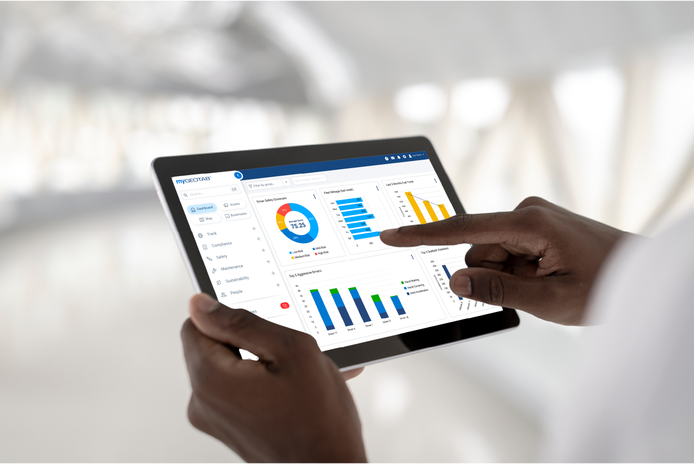 Close-up of a hand navigating a tablet displaying a "Driver Safety Scorecard" with a score of 75.25, fleet mileage stats, and other performance data.