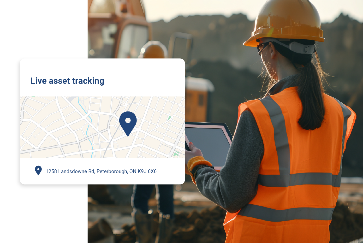 A construction worker wearing an orange vest and hard hat holds a tablet while viewing a live asset tracking map for 1258 Lansdowne Rd, Peterborough, Ontario.