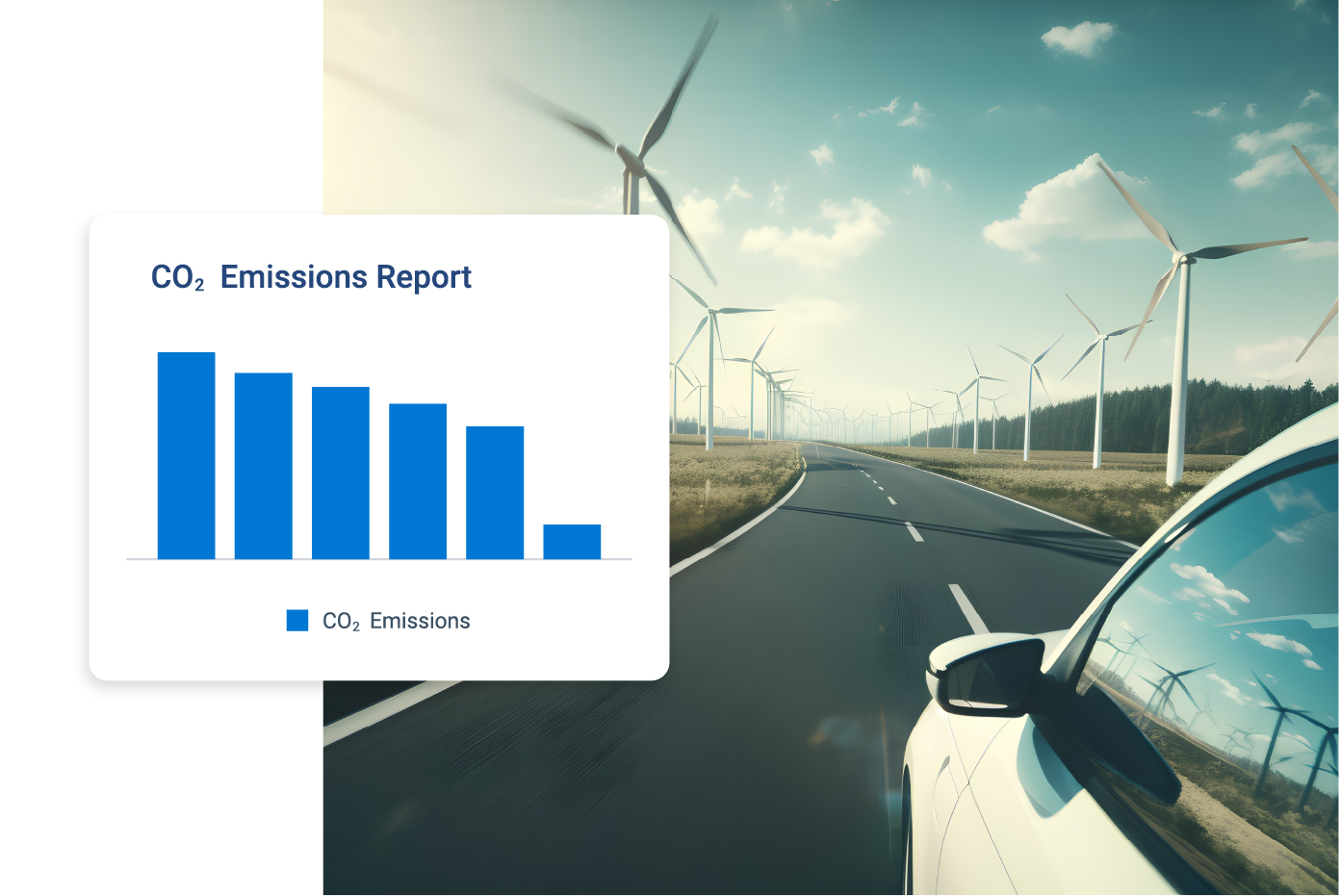 A car driving down a road surrounded by wind turbines, with a CO2 emissions report showing a decreasing trend in emissions.