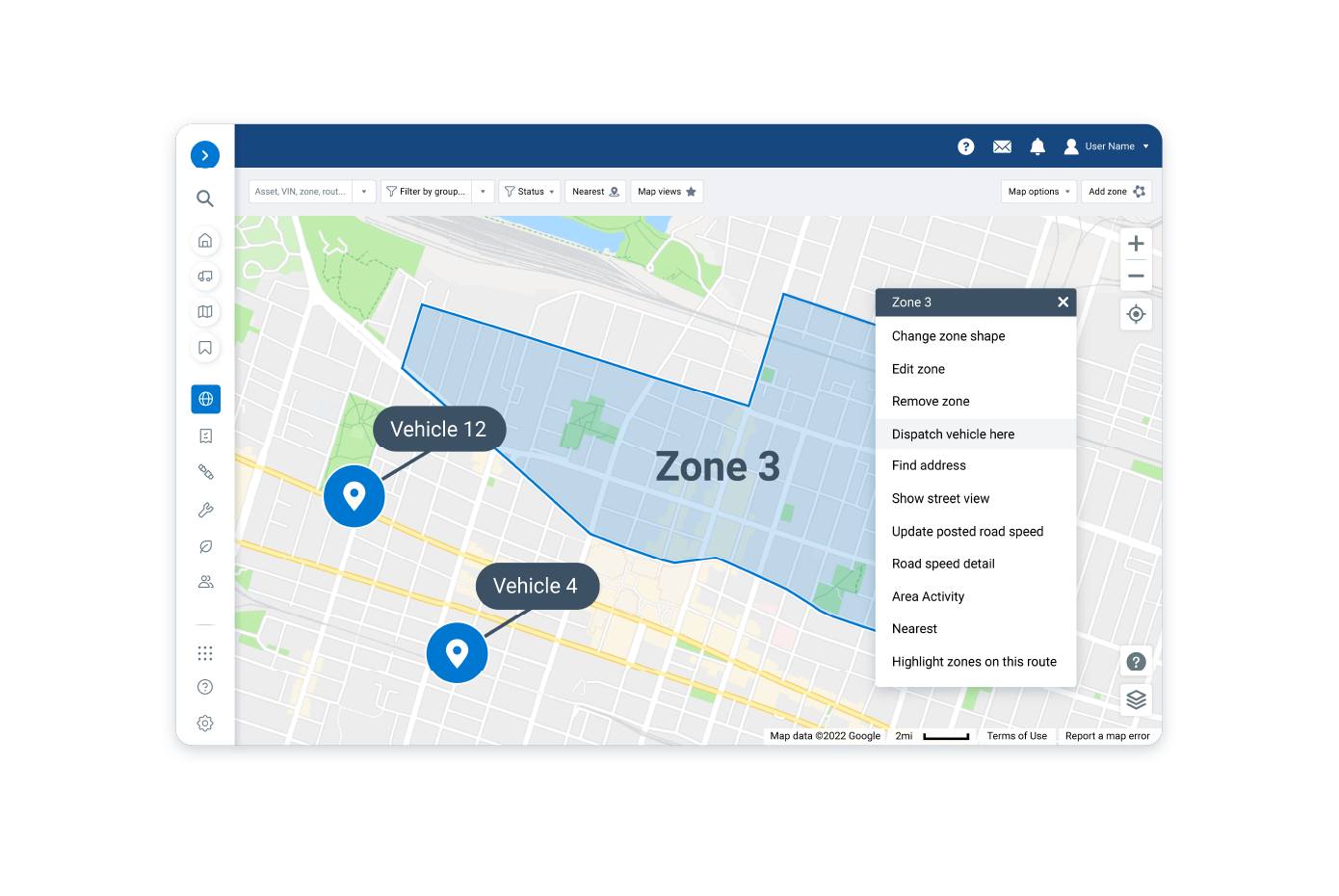 A map interface showing Zone 3 highlighted in blue, with two vehicles, Vehicle 12 and Vehicle 4, marked with blue location pins. A menu on the right offers options like changing the zone shape, dispatching vehicles, and updating road speed details. This image represents fleet management and vehicle tracking within designated zones.