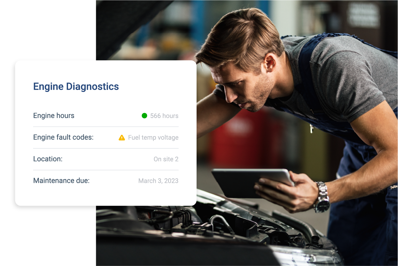 a mechanic inspecting a car engine while holding a tablet, likely checking diagnostics. Next to the mechanic is a digital display showing engine diagnostics information, including engine hours (566 hours), a fault code for "Fuel temp voltage," the location as "On site 2," and a maintenance due date of March 3, 2023. The image emphasizes the use of modern technology in vehicle maintenance and diagnostics.