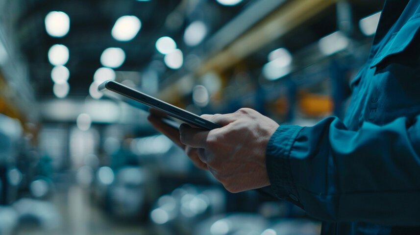 Close-up of a quality control inspector using a digital tablet to log production data on the factory floor